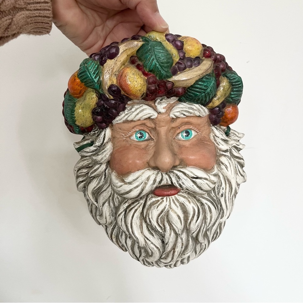 Gorgeous Vintage Ceramic Santa Claus Wall Hanging Colorful Fruit Wreath Wall Art